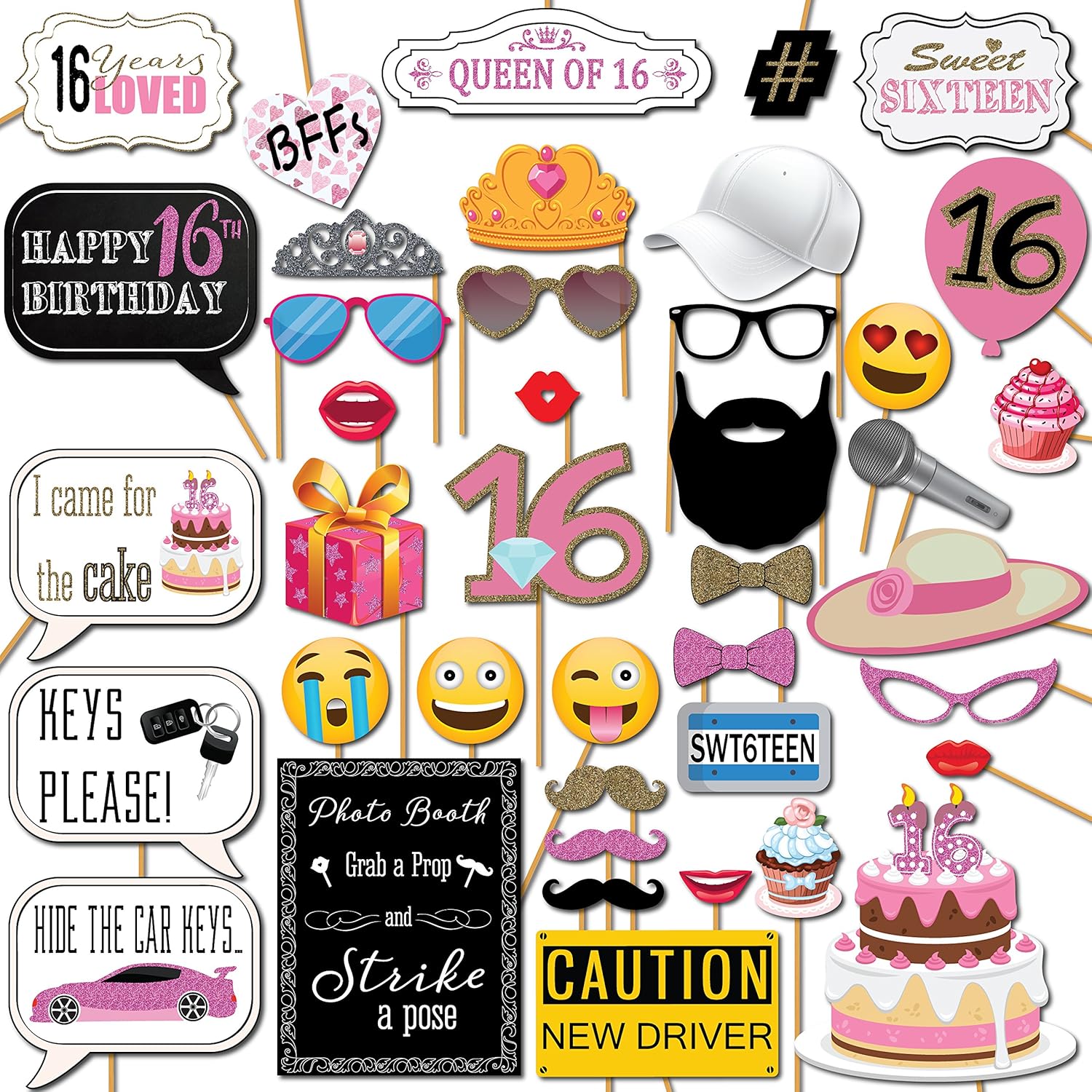 Sweet 16 Photo Booth Props Set - 41 Pieces with Sign and Sticks